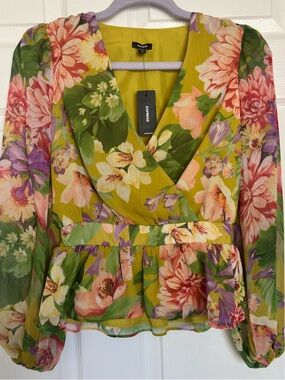Express Floral Peplum Blouse XS Sheer Long Sleeve V Neck NWT Spring Top